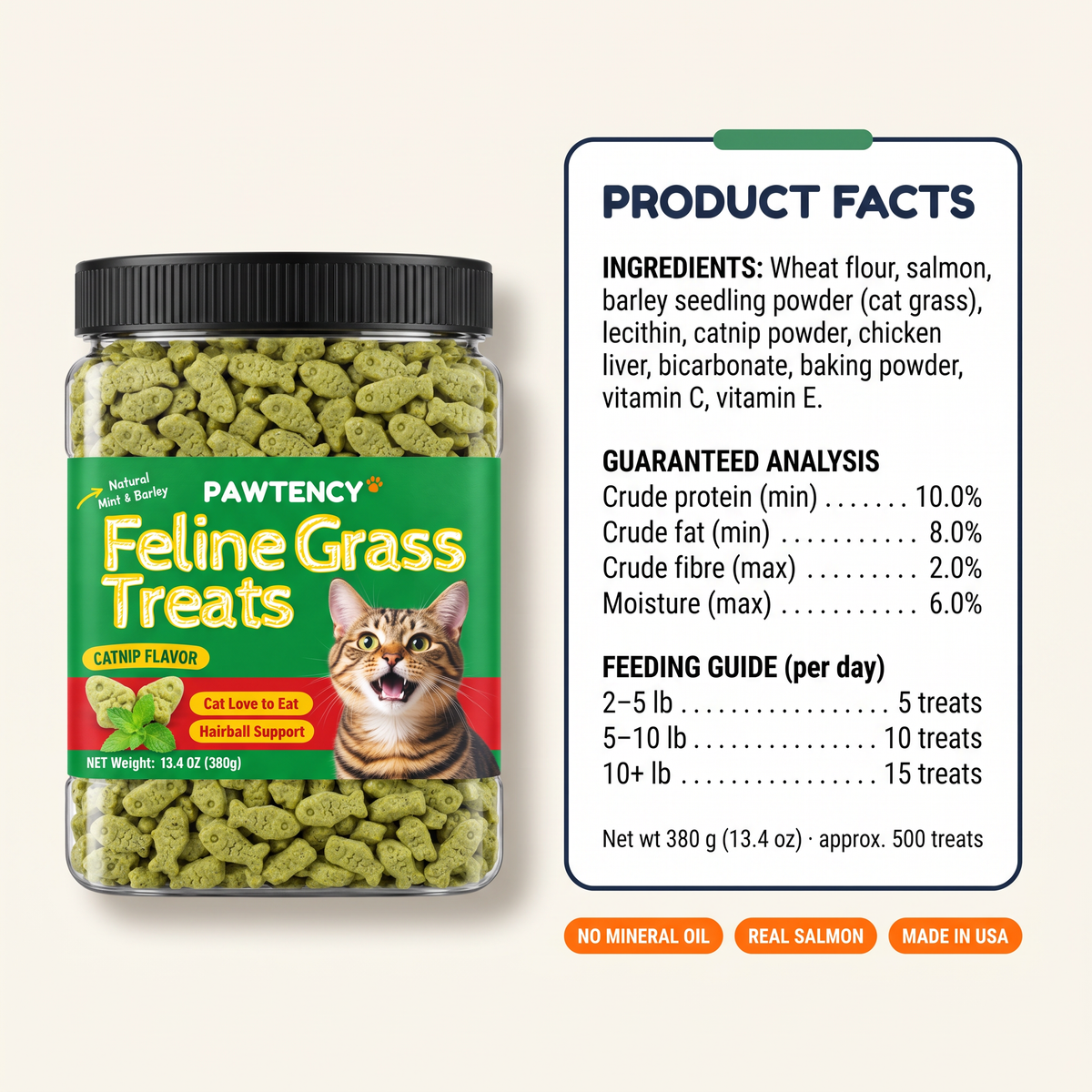 Hairball Defense Treats — helps hair pass naturally, supports digestion, real cat grass