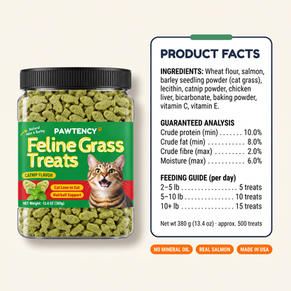Hairball Defense Treats — helps hair pass naturally, supports digestion, real cat grass
